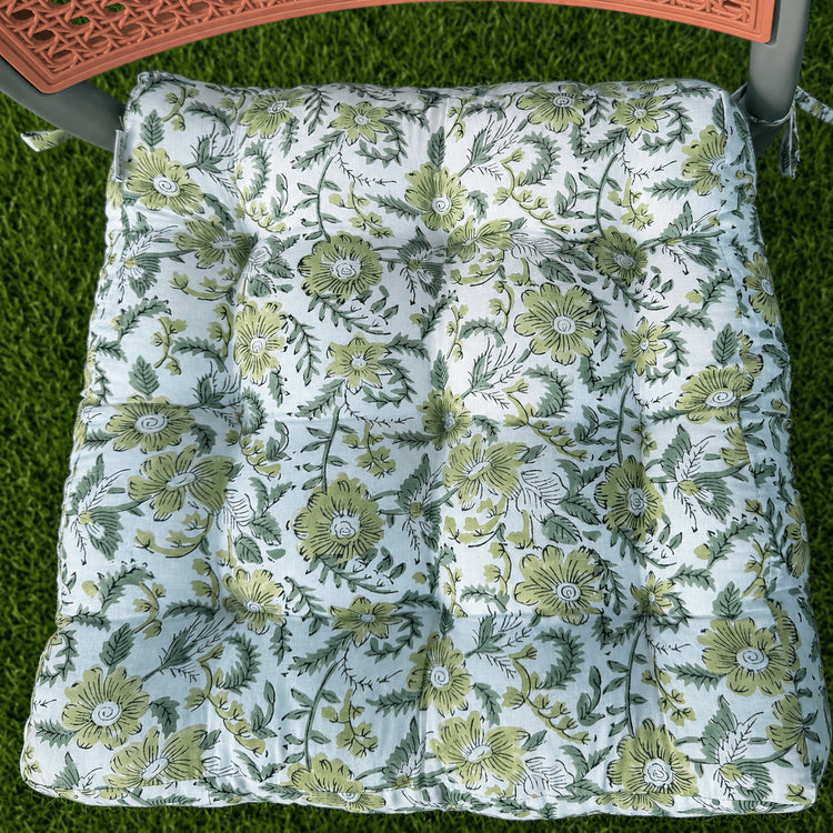 Floral Hand Block Print Chair Cushion with Ties – Handmade Botanical Seat Pad for Dining, Patio & Farmhouse Home Decor
