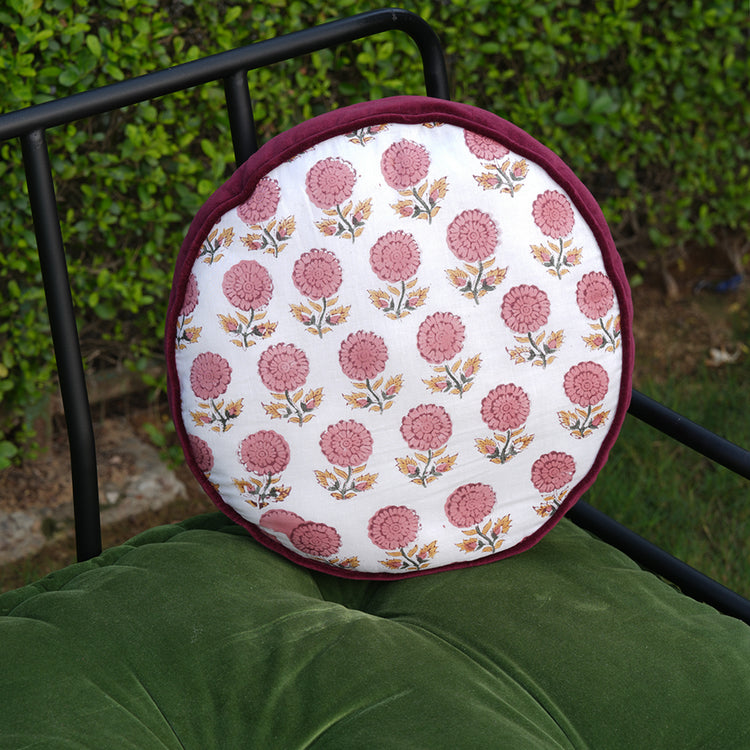 Hand Block Printed Round Cotton Chair Pad with Velvet Piping