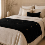 Thumbnail for Black Cotton Velvet Bed Runner | Hand-Tucked Bed Scarf with Tassels | Luxury Sofa Throw