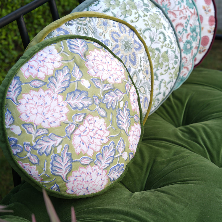 Hand Block Printed Round Cotton Chair Pad with Velvet Piping