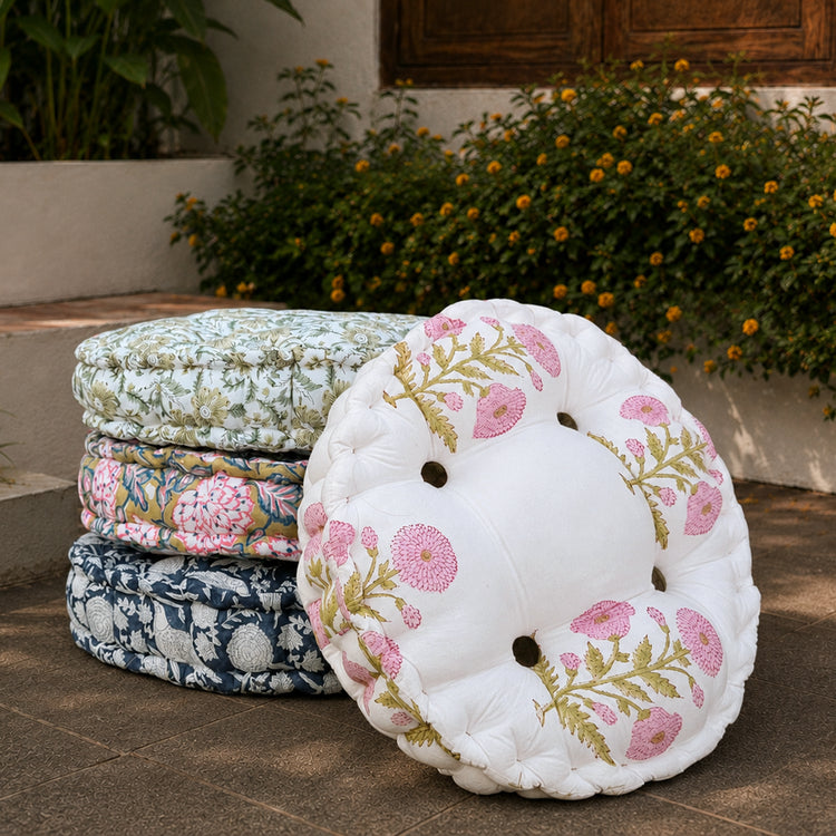 Hand Block Print Round Chair Pad Cushion | Tufted Cotton Seat Pad | Round Floor Cushion | Outdoor Wicker Chair Cushion