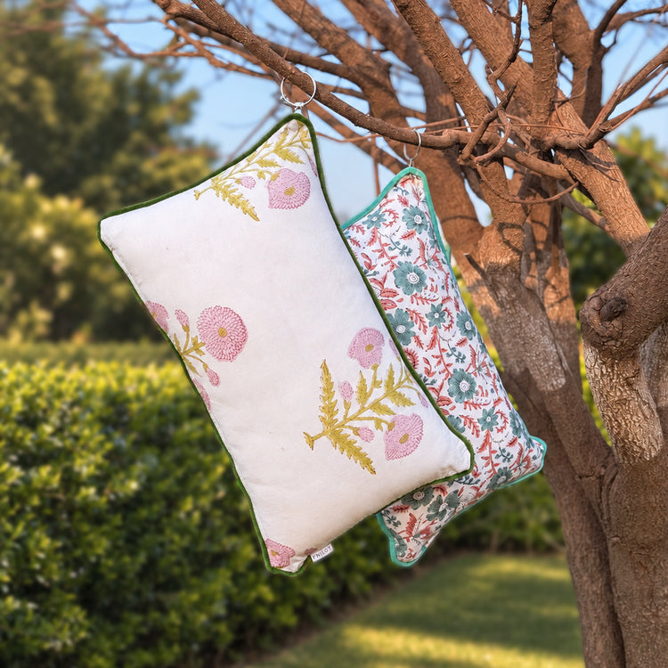 Floral Block Print Cotton Lumbar Cushion Cover with Velvet Piping | Custom Made