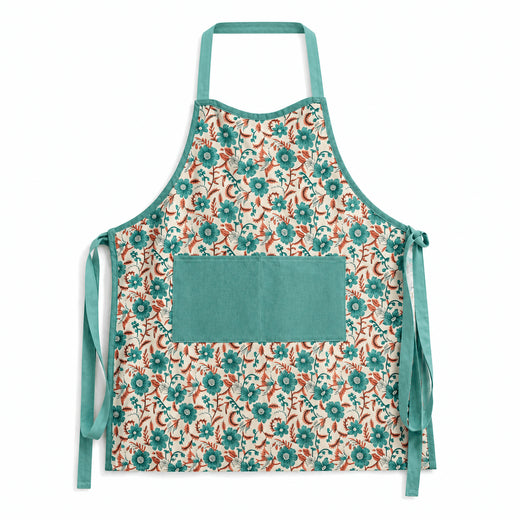Teal & Blush Floral Hand Block Print Apron with Velvet Pocket, Adjustable Straps