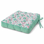 Thumbnail for Aqua floral block-print cotton square chair pad with velvet sides and ties