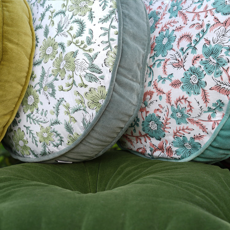 Hand Block Printed Round Cotton Chair Pad with Velvet Piping