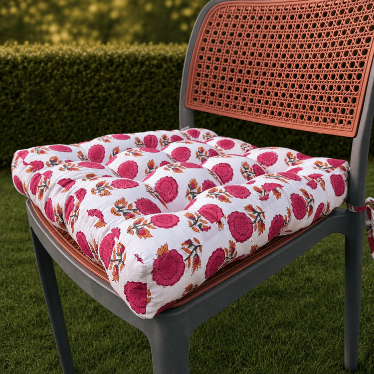 Floral Hand Block Print Chair Cushion with Ties – Handmade Botanical Seat Pad for Dining, Patio & Farmhouse Home Decor