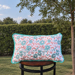 Thumbnail for Floral Hand Block Print Cotton Lumbar Pillow Cover with Velvet Piping