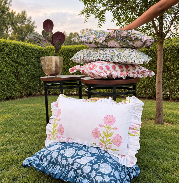 Ruffled Lumbar Pillow Cover | 100% Washed Cotton Hand Block Print Decorative Cushion Cover