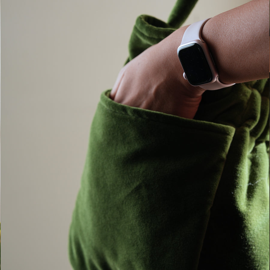Handmade Green Velvet Shopper Tote | Soft Quilted Everyday Bag with Pockets | Cotton Lined