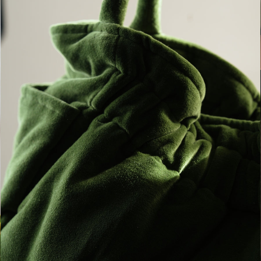 Handmade Green Velvet Shopper Tote | Soft Quilted Everyday Bag with Pockets | Cotton Lined