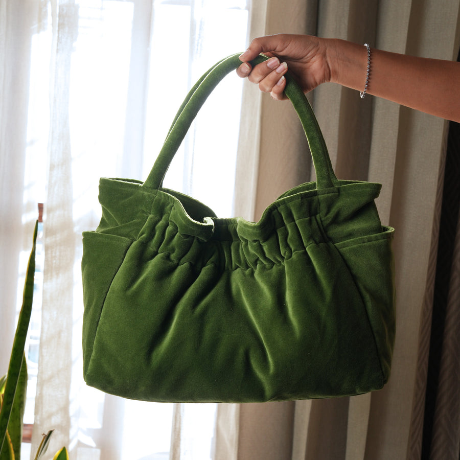 Handmade Green Velvet Shopper Tote | Soft Quilted Everyday Bag with Pockets | Cotton Lined