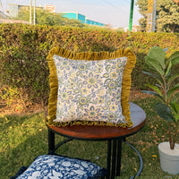 Thumbnail for Floral Block Print Cushion Cover | Cotton Velvet Ruffle, Boho Decor