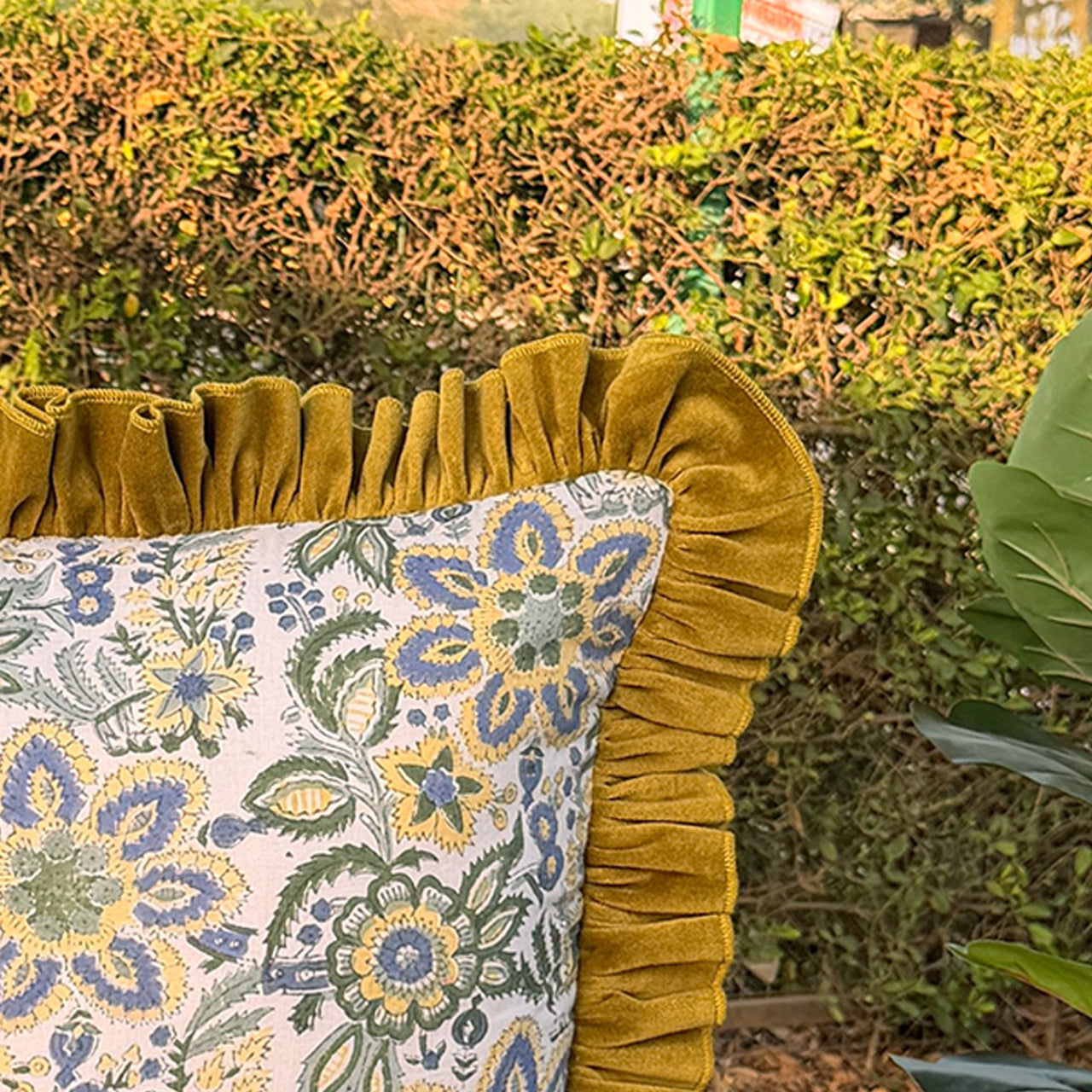 Floral Block Print Cushion Cover | Cotton Velvet Ruffle, Boho Decor