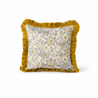 Thumbnail for Floral Block Print Cushion Cover | Cotton Velvet Ruffle, Boho Decor