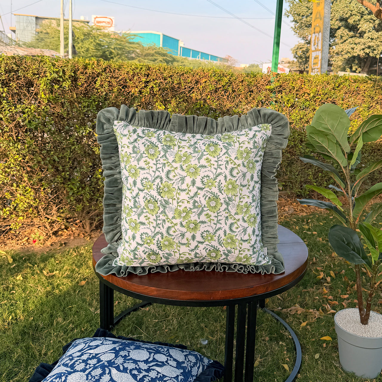 Floral Block Print Cushion Cover | Cotton Velvet Ruffle, Boho Decor