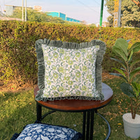 Thumbnail for Floral Block Print Cushion Cover | Cotton Velvet Ruffle, Boho Decor