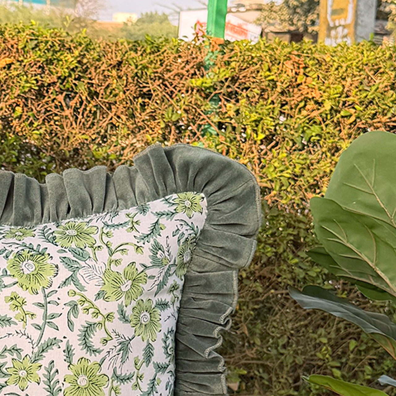 Floral Block Print Cushion Cover | Cotton Velvet Ruffle, Boho Decor