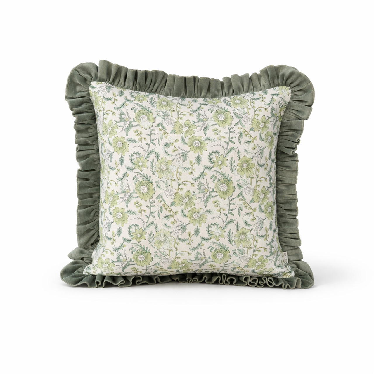 Floral Block Print Cushion Cover | Cotton Velvet Ruffle, Boho Decor