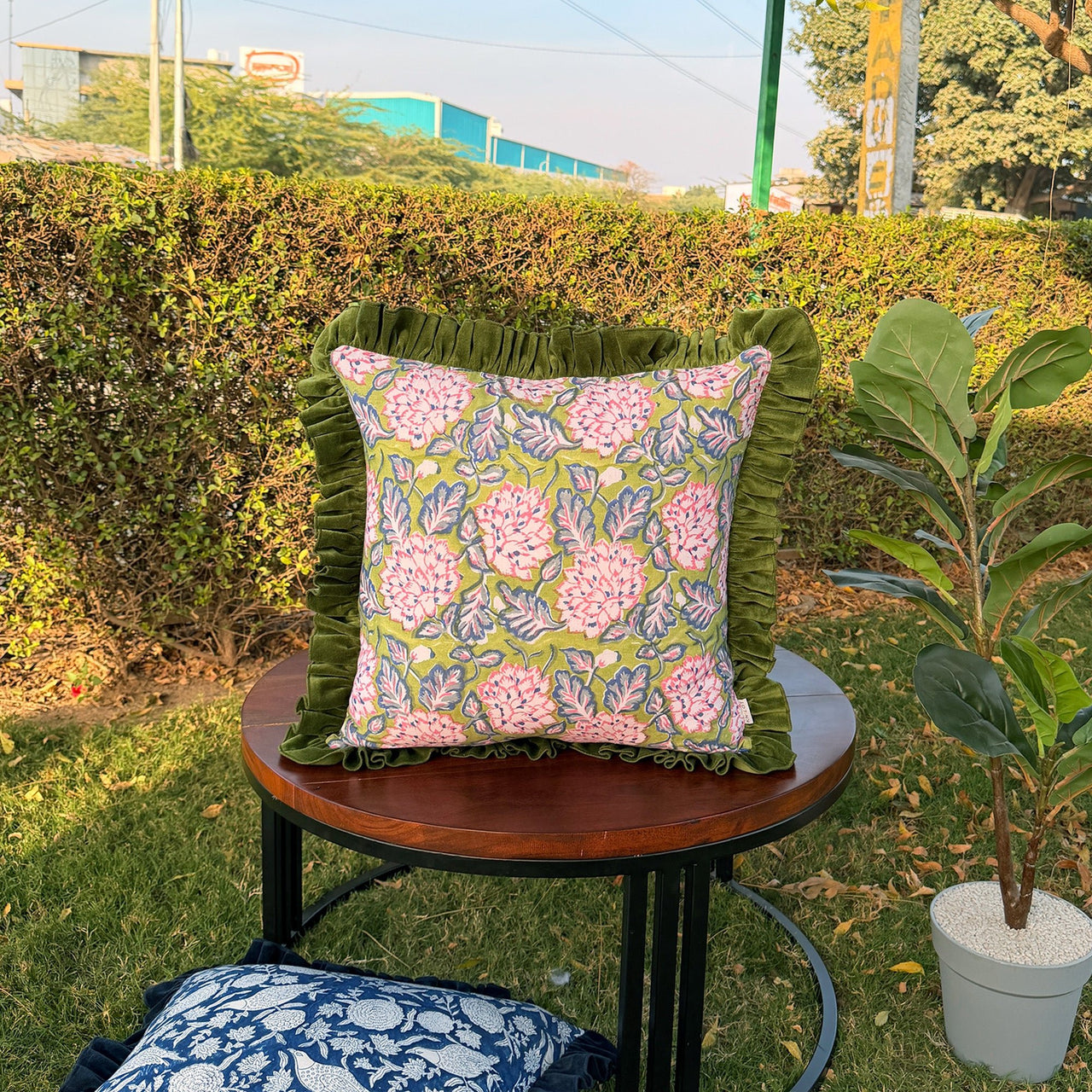 Floral Block Print Cushion Cover | Cotton Velvet Ruffle, Boho Decor