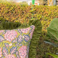 Thumbnail for Floral Block Print Cushion Cover | Cotton Velvet Ruffle, Boho Decor