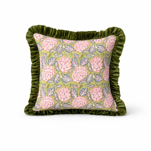Floral Block Print Cushion Cover | Cotton Velvet Ruffle, Boho Decor