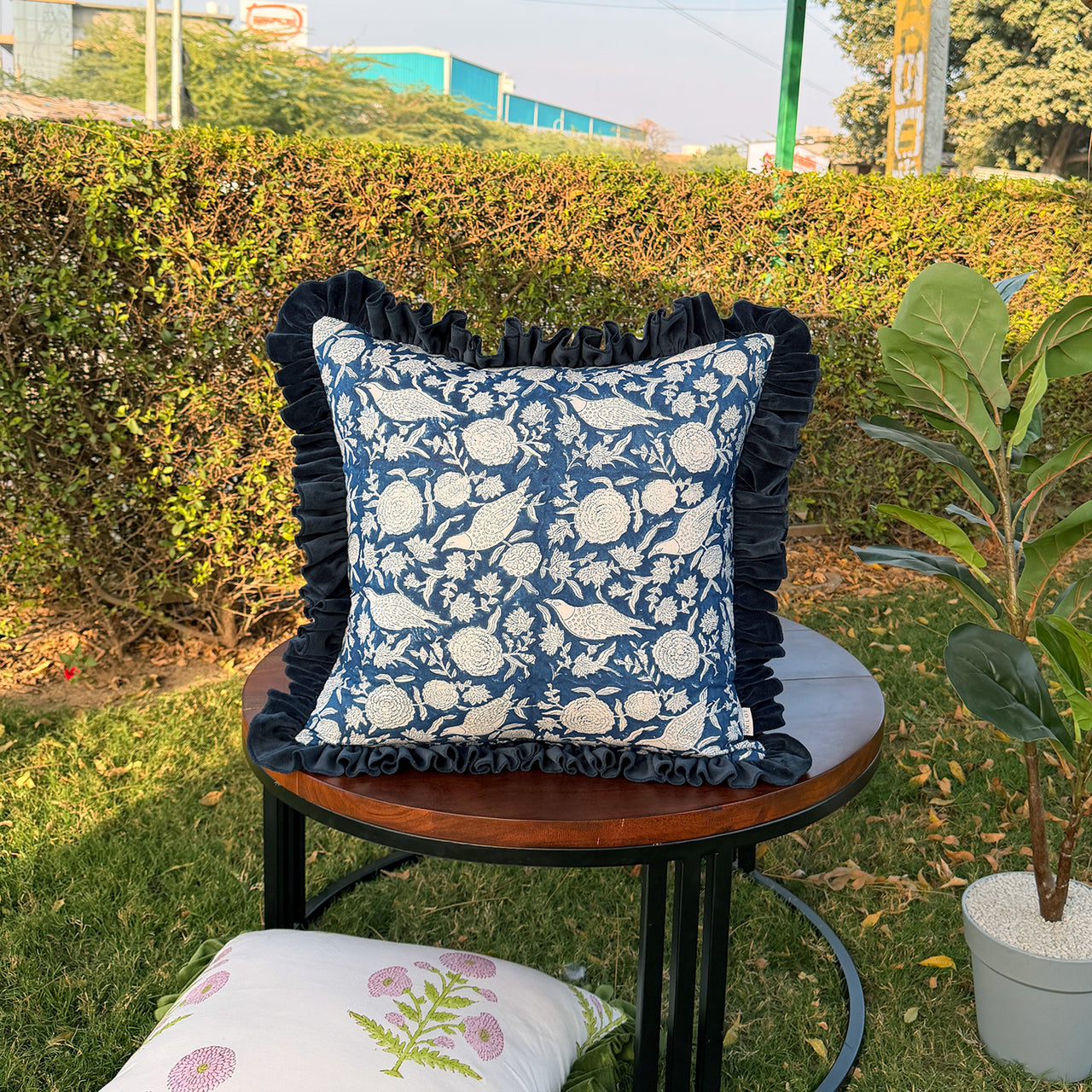 Floral Block Print Cushion Cover | Cotton Velvet Ruffle, Boho Decor