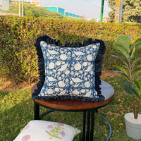 Thumbnail for Floral Block Print Cushion Cover | Cotton Velvet Ruffle, Boho Decor