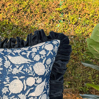 Thumbnail for Floral Block Print Cushion Cover | Cotton Velvet Ruffle, Boho Decor