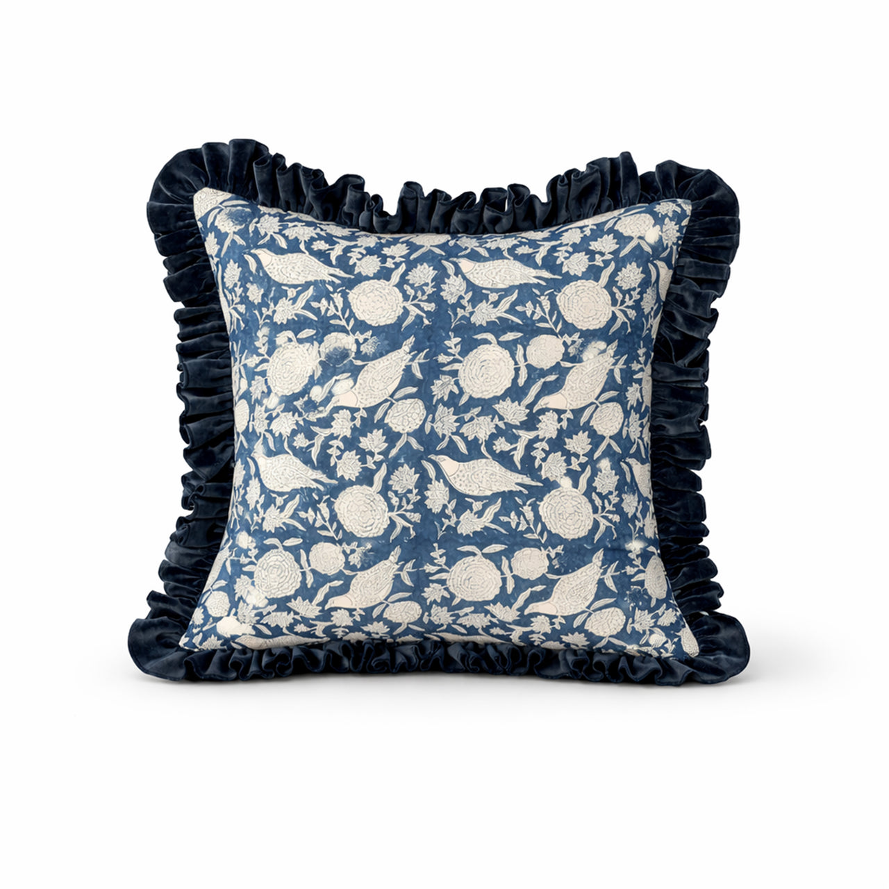 Floral Block Print Cushion Cover | Cotton Velvet Ruffle, Boho Decor