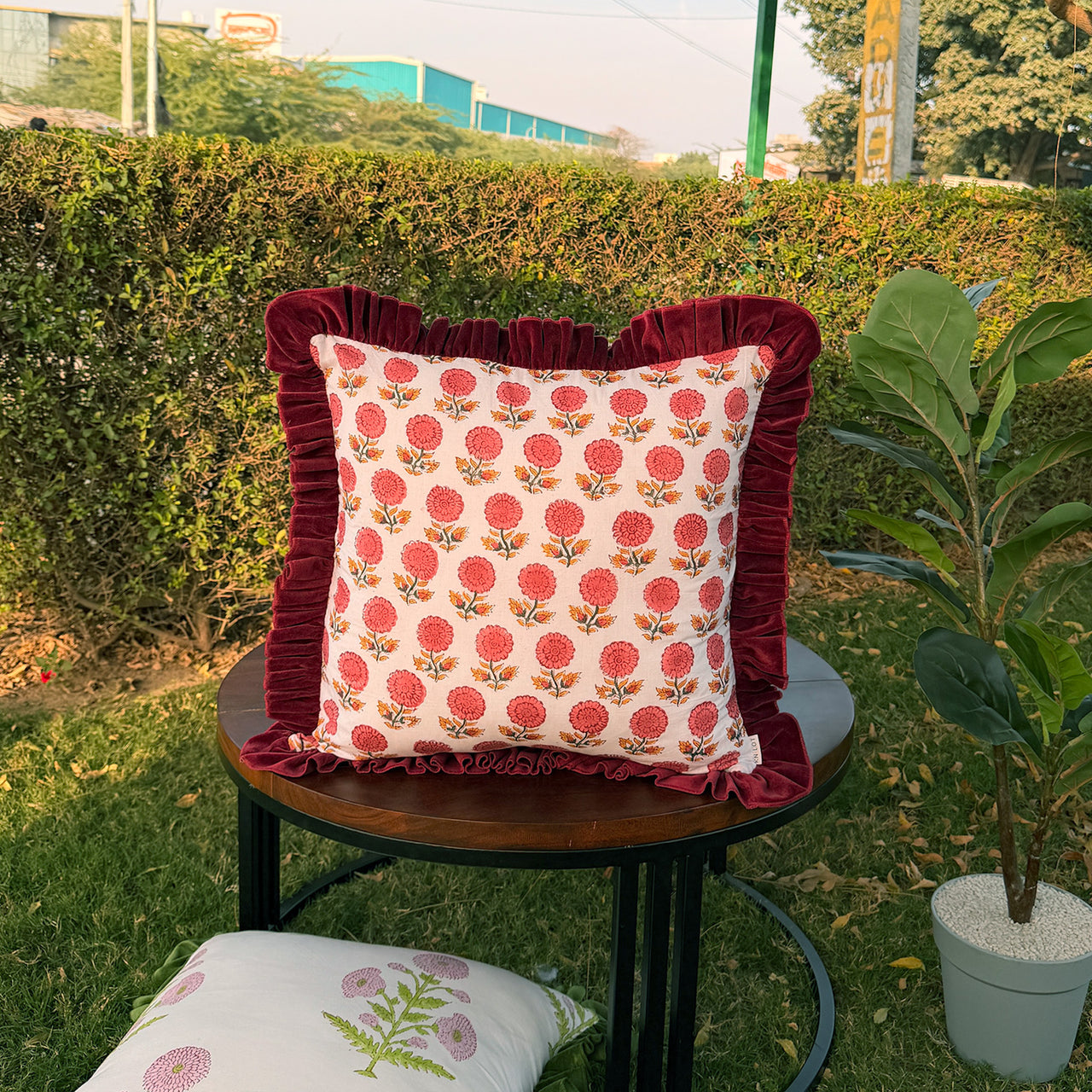 Floral Block Print Cushion Cover | Cotton Velvet Ruffle, Boho Decor