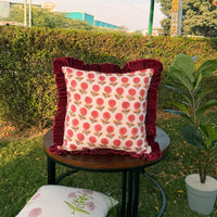Thumbnail for Floral Block Print Cushion Cover | Cotton Velvet Ruffle, Boho Decor
