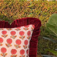 Thumbnail for Floral Block Print Cushion Cover | Cotton Velvet Ruffle, Boho Decor