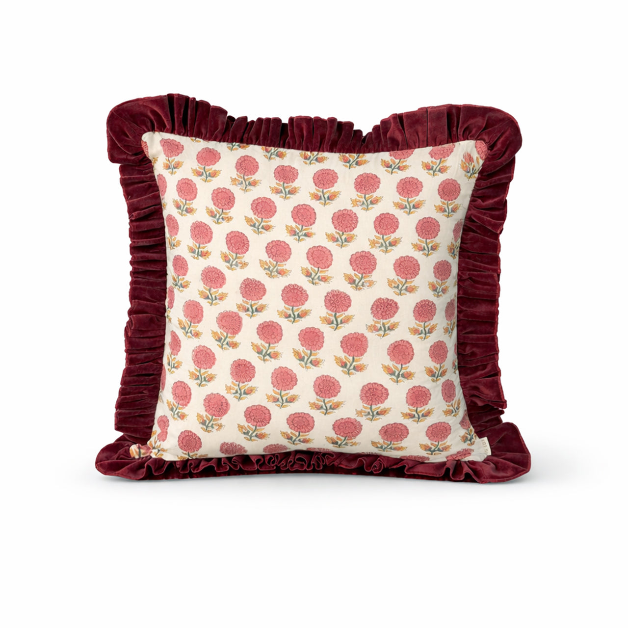 Floral Block Print Cushion Cover | Cotton Velvet Ruffle, Boho Decor