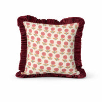 Thumbnail for Floral Block Print Cushion Cover | Cotton Velvet Ruffle, Boho Decor