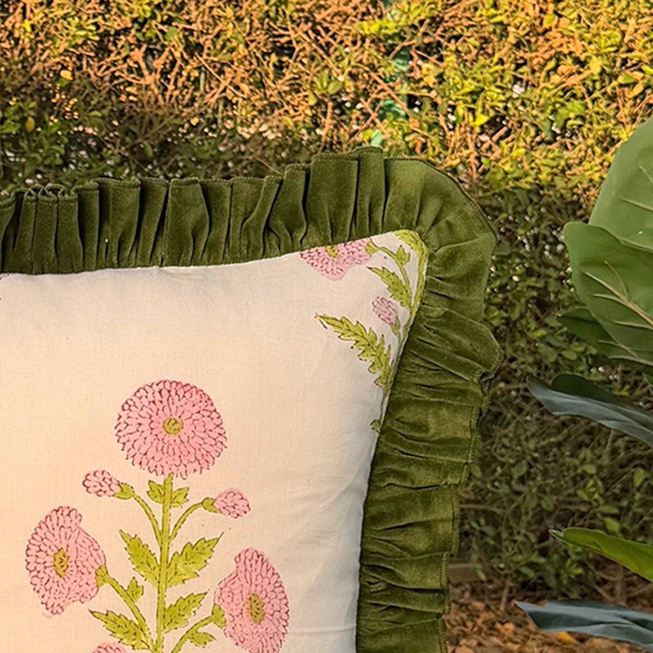 Floral Block Print Cushion Cover | Cotton Velvet Ruffle, Boho Decor
