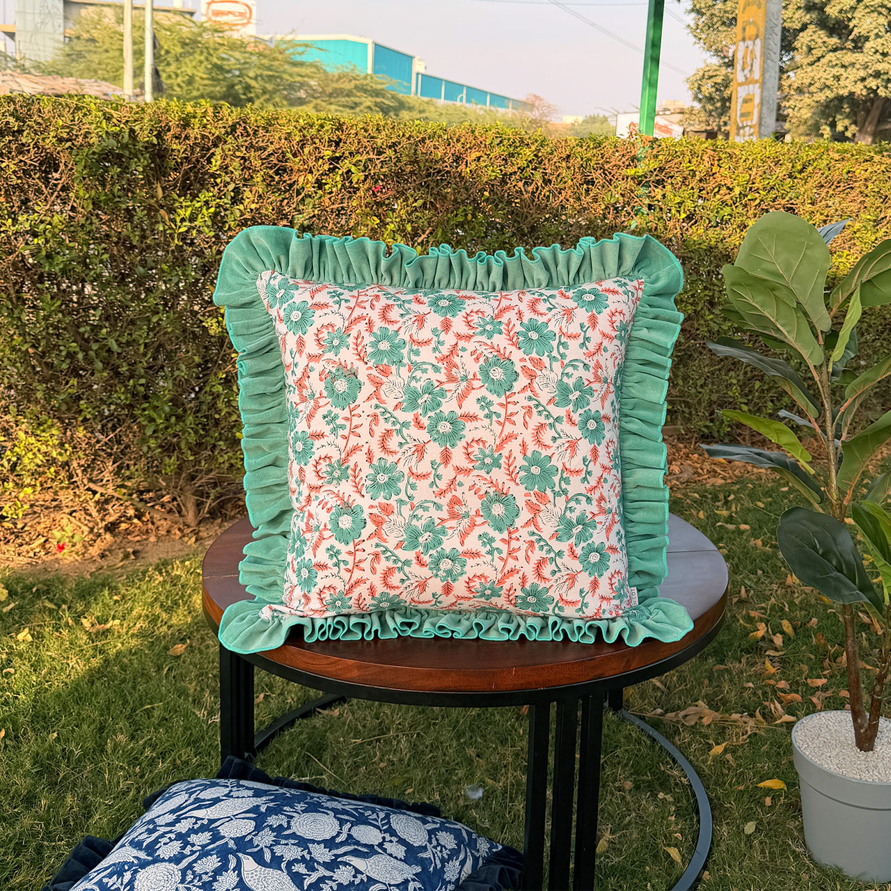 Floral Block Print Cushion Cover | Cotton Velvet Ruffle, Boho Decor