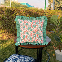 Thumbnail for Floral Block Print Cushion Cover | Cotton Velvet Ruffle, Boho Decor