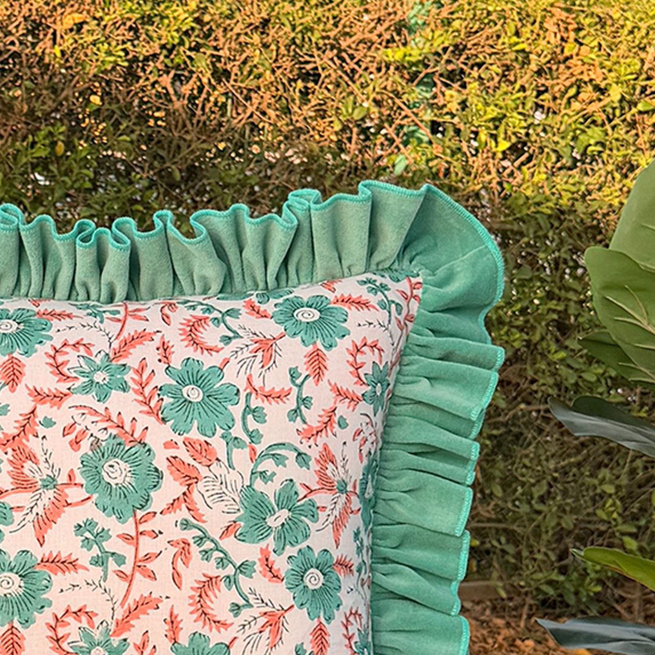 Floral Block Print Cushion Cover | Cotton Velvet Ruffle, Boho Decor
