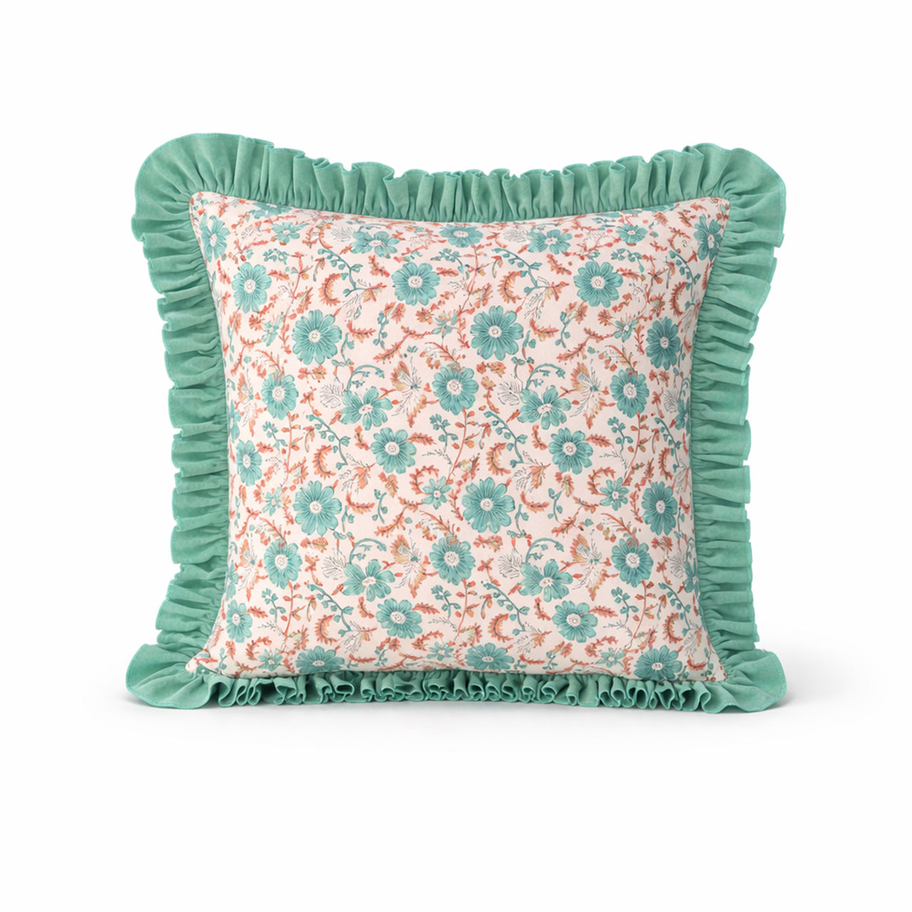 Floral Block Print Cushion Cover | Cotton Velvet Ruffle, Boho Decor