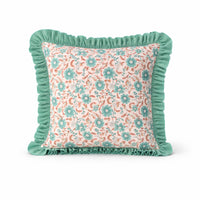 Thumbnail for Floral Block Print Cushion Cover | Cotton Velvet Ruffle, Boho Decor
