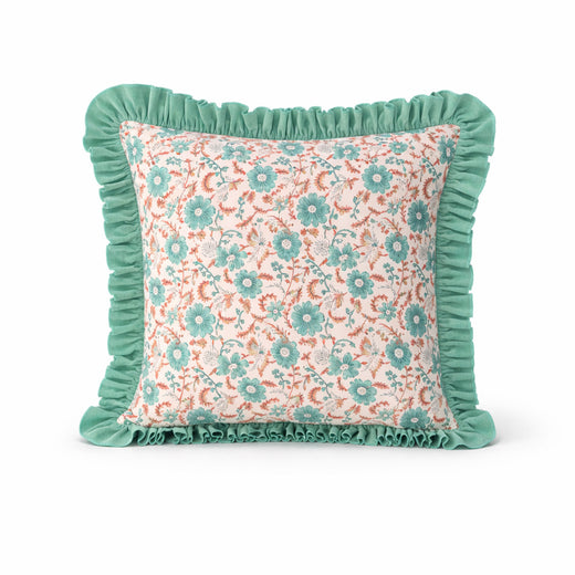 Floral Block Print Cushion Cover | Cotton Velvet Ruffle, Boho Decor