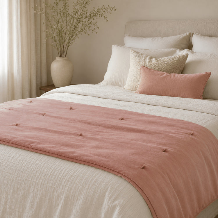 Blush Cotton Velvet Bed Runner | Hand-Tucked Bed Scarf with Tassels | Luxury Sofa Throw