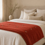 Thumbnail for Burnt Orange Cotton Velvet Bed Runner | Hand-Tucked Bed Scarf with Tassels | Luxury Sofa Throw