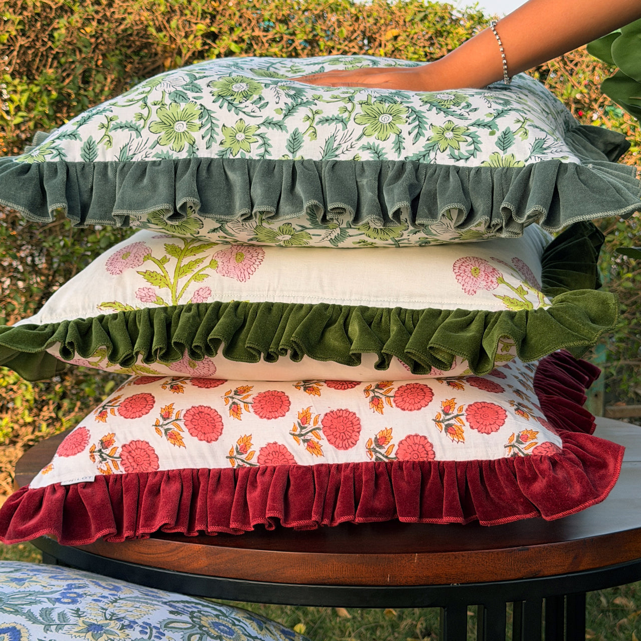 Floral Block Print Cushion Cover | Cotton Velvet Ruffle, Boho Decor