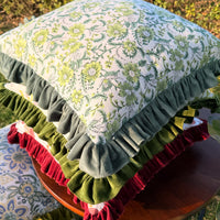 Thumbnail for Floral Block Print Cushion Cover | Cotton Velvet Ruffle, Boho Decor