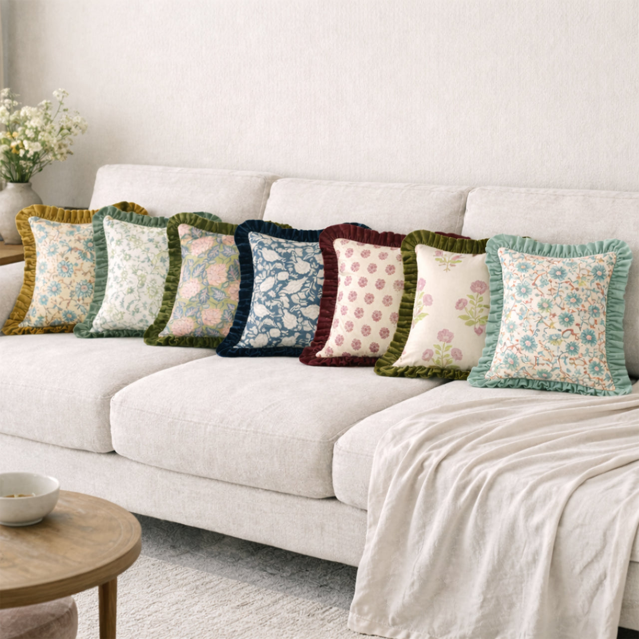 Floral Block Print Cushion Cover | Cotton Velvet Ruffle, Boho Decor