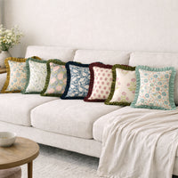 Thumbnail for Floral Block Print Cushion Cover | Cotton Velvet Ruffle, Boho Decor