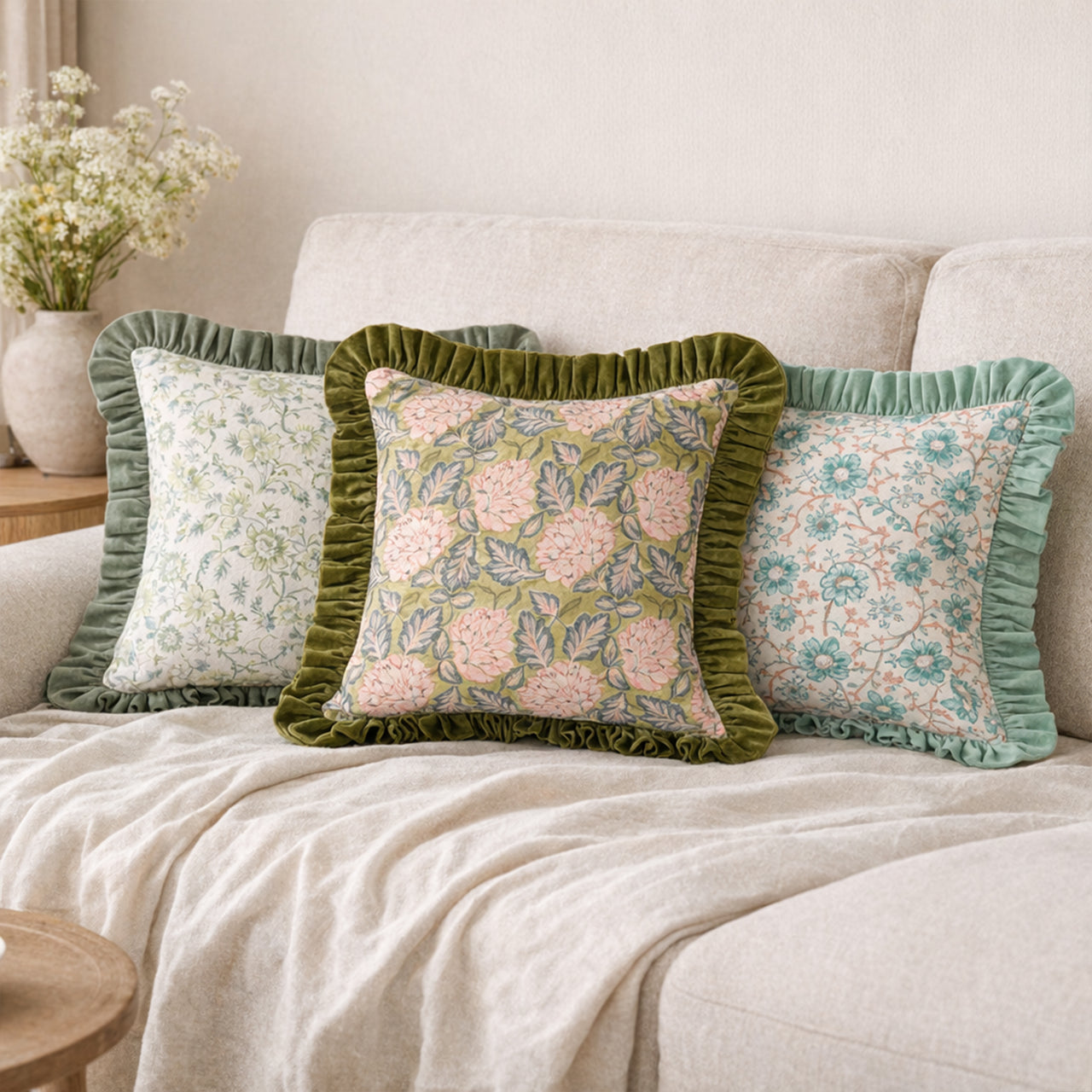Floral Block Print Cushion Cover | Cotton Velvet Ruffle, Boho Decor