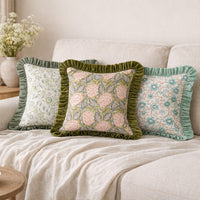 Thumbnail for Floral Block Print Cushion Cover | Cotton Velvet Ruffle, Boho Decor