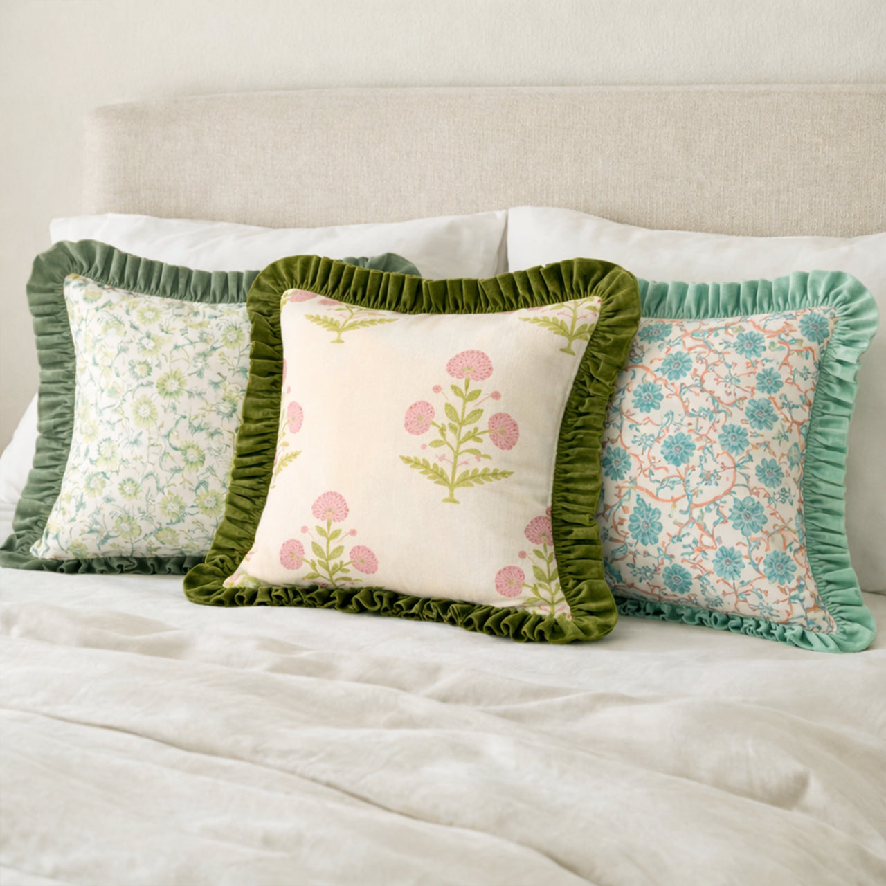 Floral Block Print Cushion Cover | Cotton Velvet Ruffle, Boho Decor